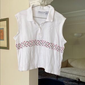 Classic Blues White Cropped Top with Dainty Red & Green Flowers 100% Cotton XL